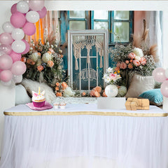 Lofaris Boho Blumen Fotohintergrund mit Makramee und Fensterrahmen, eleganter Wandteppich für romantische Porträtfotografie