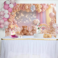 Lofaris Pastellfarbener Teddybär Babyparty Hintergrund mit Luftballons Wolken Regenbogen und Sternen, süße Kulisse für Fotoshooting und Feier