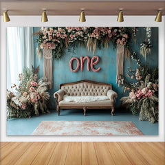 Lofaris Boho Blumen 1. Geburtstag Hintergrund für Mädchen, rustikale Fotowand mit rosa Rosen und Makramee für Babyfotografie