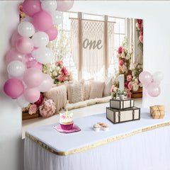 Lofaris Rosa Blumen 1. Geburtstag Hintergrund mit Makramee und Zahl Eins, elegante Fotokulisse für Baby Fotoshooting und Partydekoration