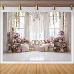 Lofaris Rosa Blumen Erster Geburtstag Hintergrund für Mädchen mit "One" Schriftzug, elegante Fotowand für Baby Fotoshooting Dekoration