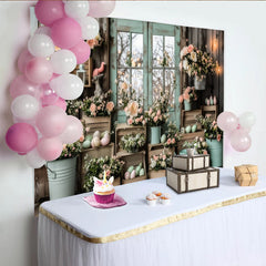 Lofaris Pastellfarbener Oster Fotohintergrund mit Rosen und Holztür, Frühlingsdekoration mit bunten Eiern für Fotoshooting und Porträts