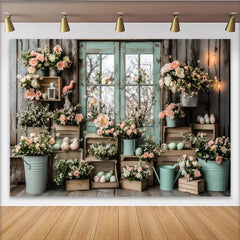 Lofaris Pastellfarbener Oster Fotohintergrund mit Rosen und Holztür, Frühlingsdekoration mit bunten Eiern für Fotoshooting und Porträts