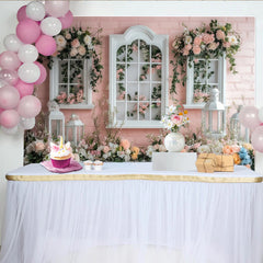 Lofaris Romantischer Frühlings Blumenfenster-Hintergrund mit rosa Backsteinwand, elegante Kulisse für professionelle Fotografie