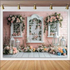 Lofaris Romantischer Frühlings Blumenfenster-Hintergrund mit rosa Backsteinwand, elegante Kulisse für professionelle Fotografie