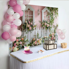 Lofaris Rosa Frühlingsgarten Fotohintergrund mit weißem Zaun und Blumen, idyllische Kulisse für romantische Fotoshootings
