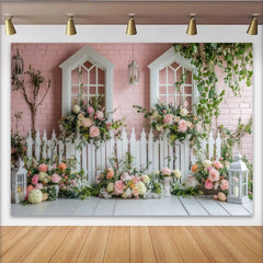 Lofaris Rosa Frühlingsgarten Fotohintergrund mit weißem Zaun und Blumen, idyllische Kulisse für romantische Fotoshootings