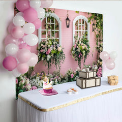Lofaris Rosa Ziegelwand Blumenfenster Hintergrund mit Rosen und Ranken, romantische Frühlingsgarten Fotowand für Fotoshooting und Dekoration