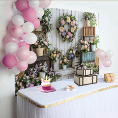 Lofaris Frühlingshafter Blumenhintergrund mit Pastellblumen und Holzoptik, elegante Fotowand für Porträts und Fotoshootings