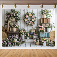 Lofaris Frühlingshafter Blumenhintergrund mit Pastellblumen und Holzoptik, elegante Fotowand für Porträts und Fotoshootings