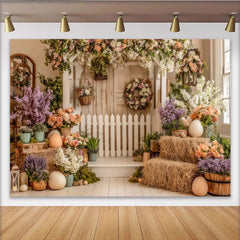 Lofaris Idyllischer Frühlingslandschaft Hintergrund mit Blumen und weißem Zaun, perfekte Fotokulisse für Osterfotoshootings und Gartenpartys