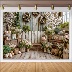 Lofaris Rustikaler Frühlingsfotohintergrund mit Holzzaun und zarten Blumen, idyllische Kulisse für Ostern und Fotoshootings
