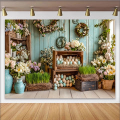 Lofaris Rustikaler Osterfotohintergrund mit Pastelleiern und Frühlingsblumen, hellblaues Holz Fotokulisse für Frühlingsdekoration