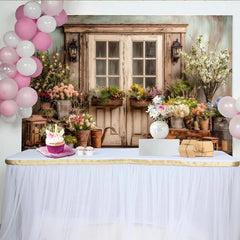 Lofaris Rustikaler Blumen-Garten-Fotohintergrund mit alter Holztür, idyllische Kulisse für Frühlings- und Sommerporträts