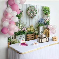Lofaris Rustikaler Frühlingsgarten-Fotohintergrund mit Blumen und Holzwand, elegante Kulisse für Fotoshootings und Partydekoration