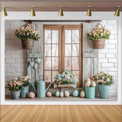 Lofaris Frühlingshafter Osterhintergrund mit Holzfenster und Blumen, pastellfarbene Fotokulisse für Frühlingsfotos und festliche Deko