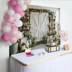 Lofaris Rustikaler Osterhintergrund mit weißen Scheunentüren und rosa Blumen, liebevolle Kulisse für Frühlingsfotoshootings