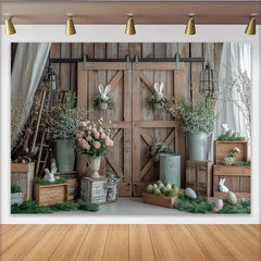 Lofaris Rustikaler Osterhintergrund mit Holztür Hasen und Pastell-Ostereiern, frühlingshafte Fotokulisse für Fotoshootings und Dekoration