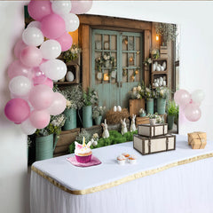 Lofaris Rustikaler Osterhintergrund mit Hasen Eiern und Frühlingsblumen, mintgrüne Holzkulisse für Fotoshooting und Partydekoration
