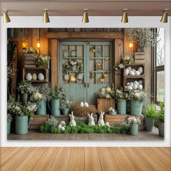 Lofaris Rustikaler Osterhintergrund mit Hasen Eiern und Frühlingsblumen, mintgrüne Holzkulisse für Fotoshooting und Partydekoration