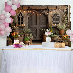 Lofaris Rustikaler Scheunentor Fotohintergrund mit Blumen und Lichterketten, gemütliche Kulisse für Fotografie und Babyfotoshootings