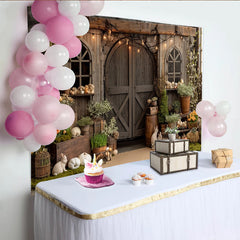 Lofaris Rustikaler Scheunentor Fotohintergrund mit Blumen und Lichterketten, gemütliche Kulisse für Fotografie und Babyfotoshootings