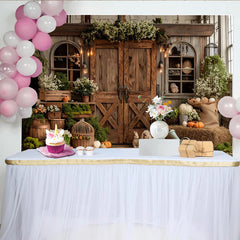 Lofaris Rustikaler Landhaus-Fotohintergrund mit Holztüren und Herbstdeko, gemütliche Kulisse für Fotoshootings und Events