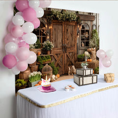 Lofaris Rustikaler Landhaus-Fotohintergrund mit Holztüren und Herbstdeko, gemütliche Kulisse für Fotoshootings und Events