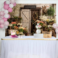 Lofaris Rustikaler Oster-Hintergrund mit Scheunentor und Frühlingsblumen, charmante Kulisse für festliche Fotoshootings und Dekoration