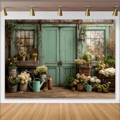 Lofaris Mintgrüner Vintage Gartenhintergrund mit Holztür und Blumen, perfekte Fotokulisse für professionelle Studioaufnahmen