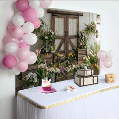 Lofaris Rustikaler Frühlingsgarten Fotohintergrund mit Holzscheunentüren und bunten Blumen, weiße Ziegelwand Kulisse für Fotoshootings