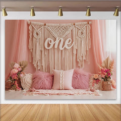 Lofaris Boho Rosa 1. Geburtstag Hintergrund mit Makramee und One-Schriftzug, verträumte Kulisse für Babyfotoshooting und Partydekoration