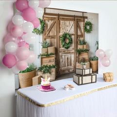Lofaris Rustikaler Scheunentor-Fotohintergrund mit grünen Kränzen, natürliche Kulisse für Fotostudio und Event-Dekoration