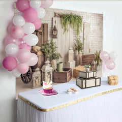 Lofaris Rustikaler Ziegelwand-Fotohintergrund mit Holz und Grünpflanzen, perfekte Kulisse für professionelle Fotoshootings und Dekoration