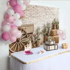 Lofaris Rustikaler Landhaus-Fotohintergrund mit Heuballen und Ziegelwand, ideale Kulisse für professionelle Porträts und Babyfotografie