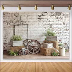 Lofaris Rustikaler Ziegelwand Holzboden Fotohintergrund mit Heuballen, Vintage Kulisse für Babyfotos Porträts und Fotostudio