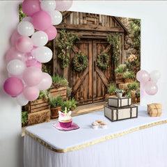 Lofaris Rustikaler Scheunentor-Fotohintergrund mit grünen Pflanzen und Kränzen, natürliche Kulisse für Fotoshootings und Eventdekoration