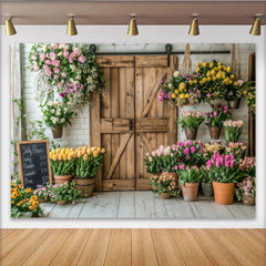Lofaris Rustikaler Blumenladen Fotohintergrund mit Holztür und bunten Blumen, charmante Kulisse für Frühlings- und Porträtfotografie