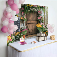 Lofaris Rustikaler Blumenladen Fotohintergrund mit Holztür und bunten Blumen, charmante Kulisse für professionelle Fotografie