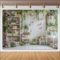 Lofaris Eleganter Frühlingsblumen Fotohintergrund mit Schmetterlingen, weiße Holzbretter Kulisse für professionelle Fotoshootings