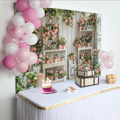 Lofaris Rosa Blumenfotohintergrund mit Holzpaneelen und grünen Blättern, elegante Kulisse für professionelle Fotostudios und Events