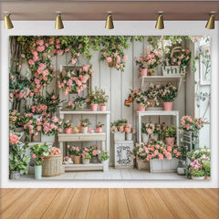 Lofaris Rosa Blumenfotohintergrund mit Holzpaneelen und grünen Blättern, elegante Kulisse für professionelle Fotostudios und Events