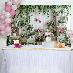 Lofaris Frühlingshafter Garten Fotohintergrund mit rosa Blumen und Ranken, stilvolle Kulisse für Fotostudio und Eventdekoration