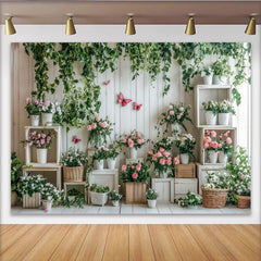 Lofaris Frühlingshafter Garten Fotohintergrund mit rosa Blumen und Ranken, stilvolle Kulisse für Fotostudio und Eventdekoration