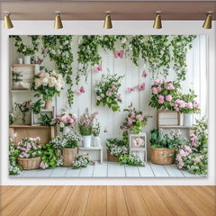 Lofaris Frühlingshafter Blumenhintergrund mit Schmetterlingen, weiße Holzwand Kulisse für Fotoshooting und Partydekoration