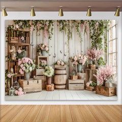 Lofaris Rustikaler Blumen Fotohintergrund mit rosa Rosen und weißer Holzstruktur, Kulisse für Fotoshootings und Frühlingsdekoration