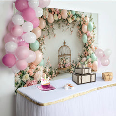 Lofaris Eleganter Blumen- und Ballon-Fotohintergrund mit Vogelkäfig, wunderschöne Kulisse für Babypartys und Fotoshootings