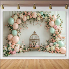 Lofaris Eleganter Blumen- und Ballon-Fotohintergrund mit Vogelkäfig, wunderschöne Kulisse für Babypartys und Fotoshootings