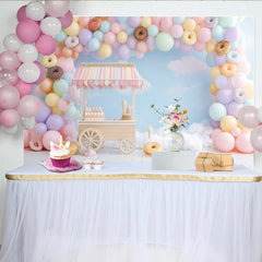 Lofaris Süßigkeitenwagen Geburtstagshintergrund Pastell Luftballons Donuts, wunderschöne Fotokulisse für Kinderparty und Fotoshooting