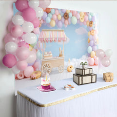 Lofaris Süßigkeitenwagen Geburtstagshintergrund Pastell Luftballons Donuts, wunderschöne Fotokulisse für Kinderparty und Fotoshooting